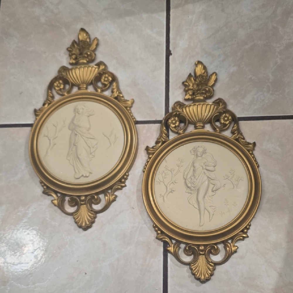 Vintage Syroco Neoclassical Gold Wall Plaques Set of 2 | Classical Lady Reliefs